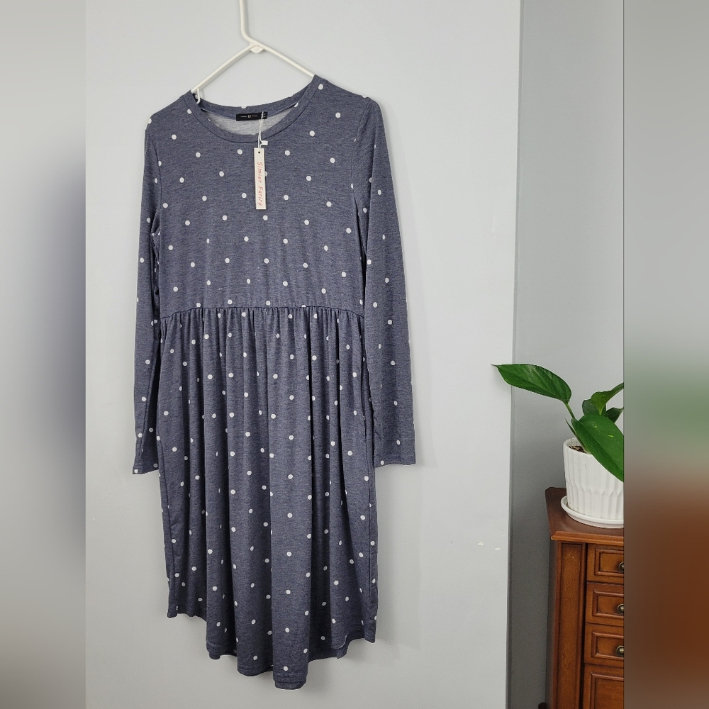 Polka Dot Casual Dress, Blue, Size M